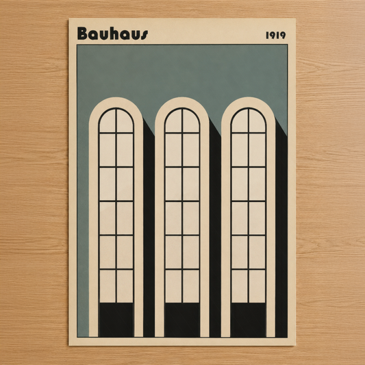 Bauhaus 1919 tasarımı, geometrik çizgiler ve art deco stilinde üç kubbeli pencere motifi içeren minimalist poster.