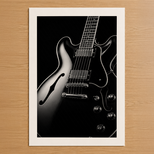 Dramatik siyah-beyaz stil elektro gitar tablosu, profesyonel sahne ışığı efektiyle tasarlanmış sanat eseri.