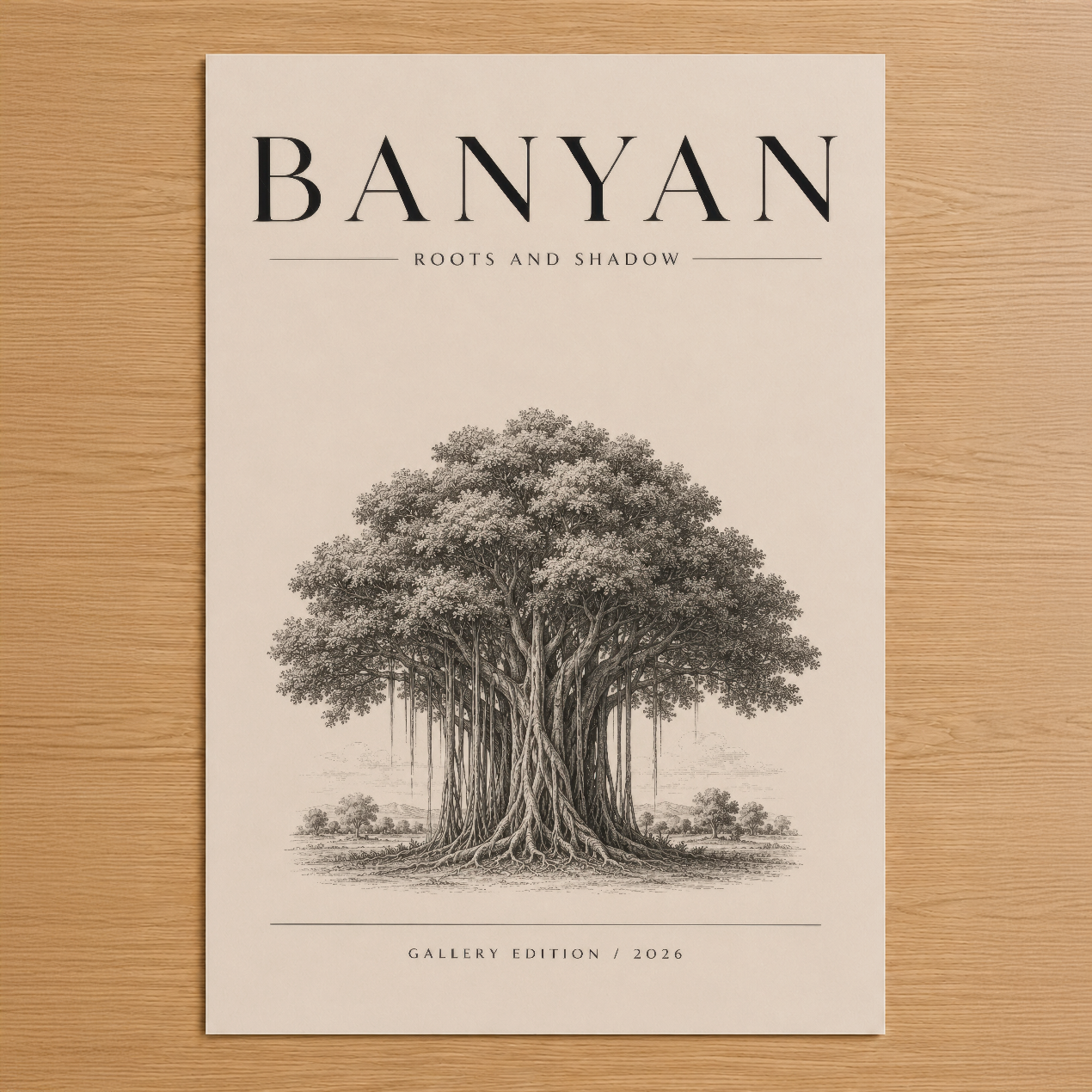 Banyan Roots and Shadow adlı ince çizim tarzında antika ağaç tasarımı, minimalist krem fon üzerinde sakin ve zarif atmosfer