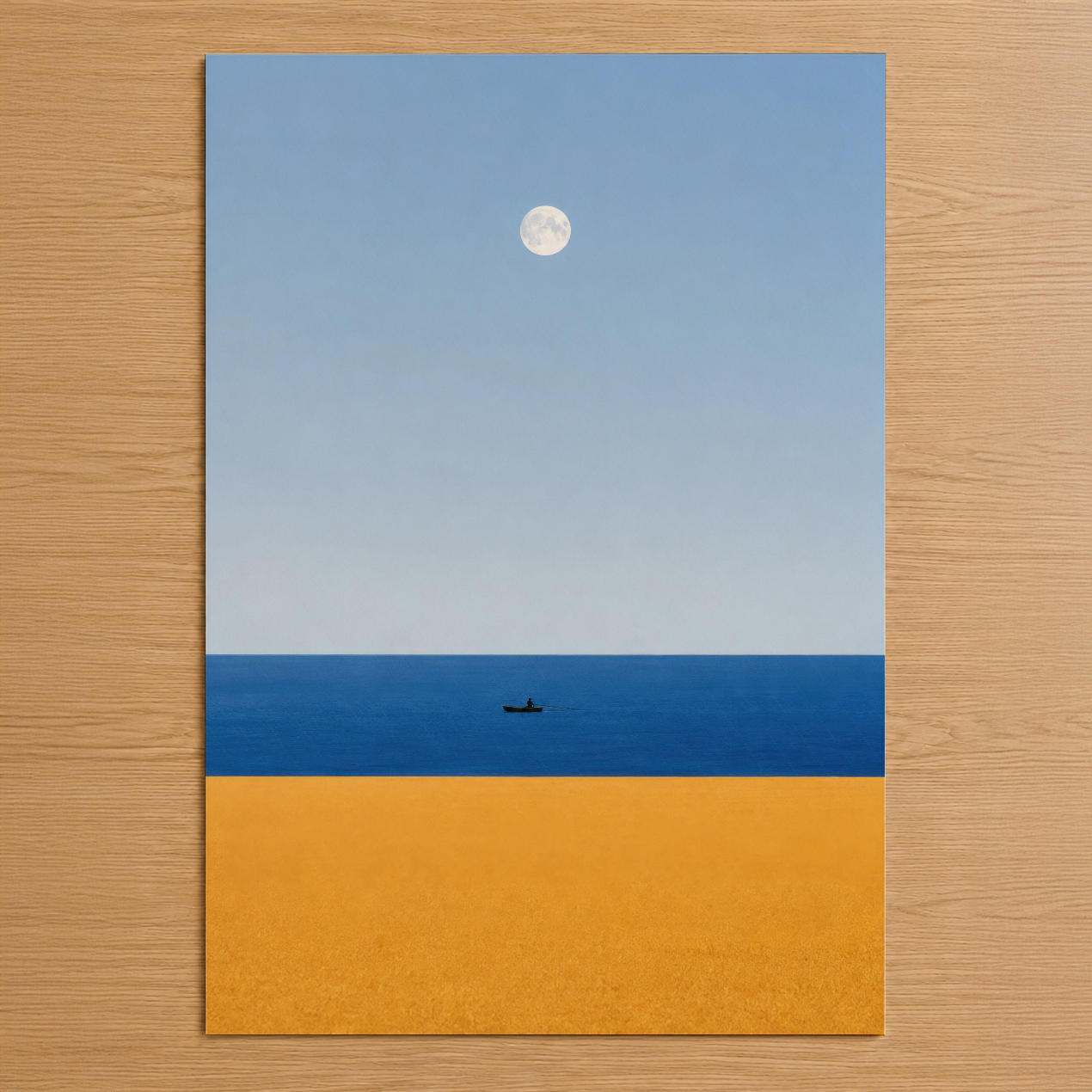 Minimalist deniz manzarası posteri, ay ve balıkçı teknesi ile sakin atmosfer