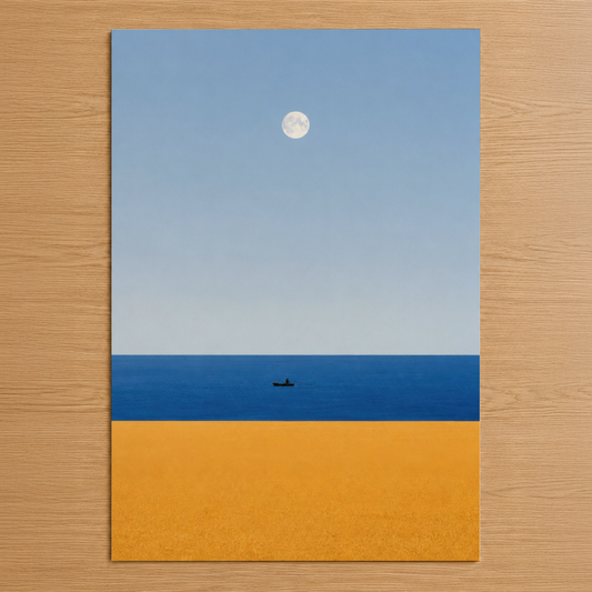Minimalist deniz manzarası posteri, ay ve balıkçı teknesi ile sakin atmosfer