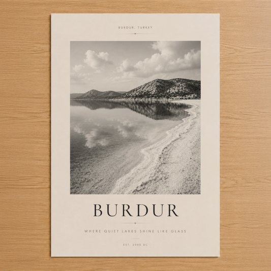 Burdur Türkiye siyah beyaz poster, sessiz göl manzarası ve dağ refleksiyonlu minimalist tasarım
