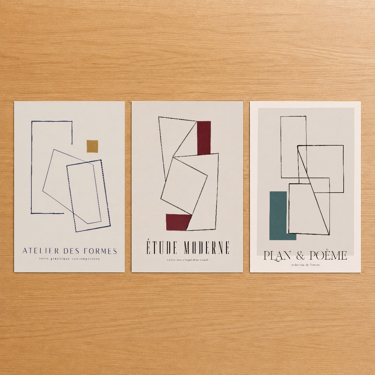 Atelier Des Formes, Étude Moderne ve Plan & Poème'nin geometrik soyut tasarımlarından oluşan üç parçalı poster seti.