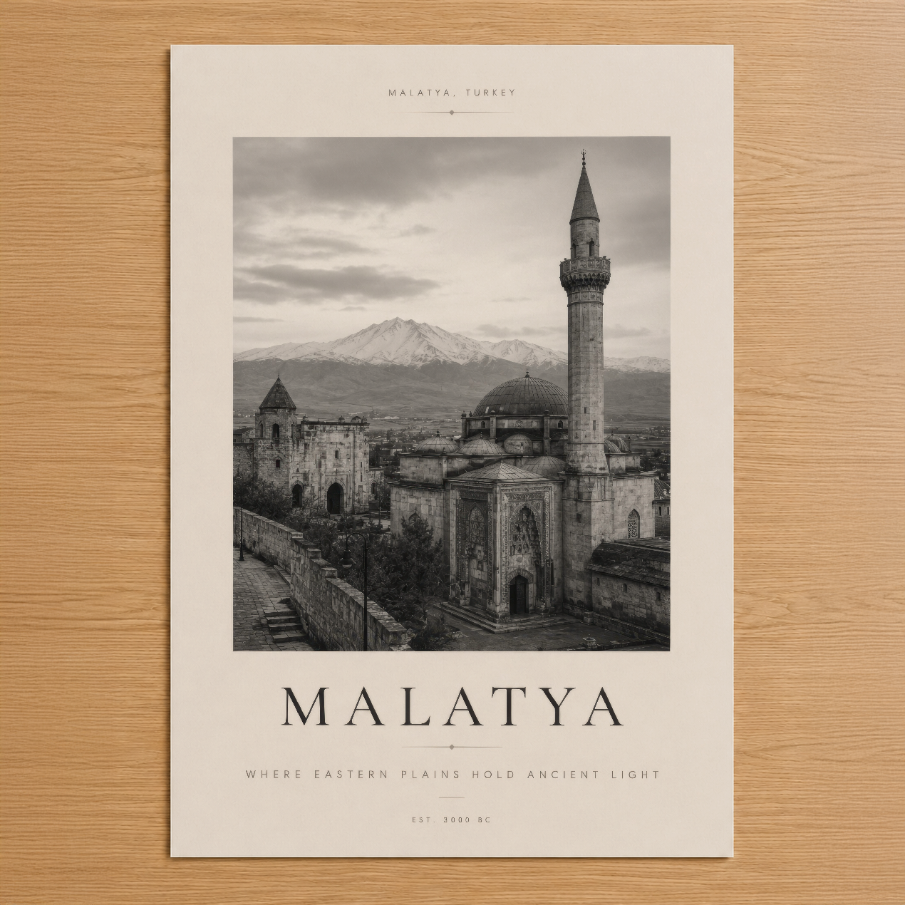 Malatya'nın tarihi mimarisini siyah beyaz fotoğrafla sunan, antik ışığı yansıtan minimalist tasarım poster.