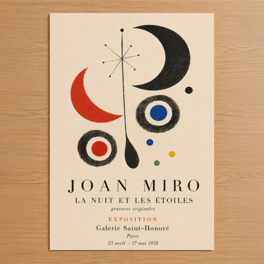 Joan Miró'nun ikonik sürrealist tasarımı, renkli geometrik şekiller ve ay motifiyle 1958 Paris sergisi afişi.