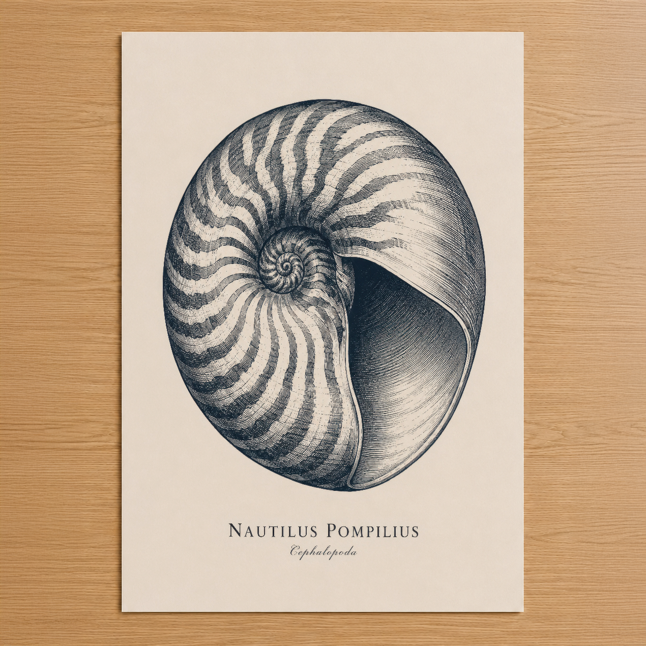 Nautilus Pompilius tasarımı, klasik gravür stilinde spiral kabuk detayı ve ilmi yazıyla tasarlanmış duvar tablosu.