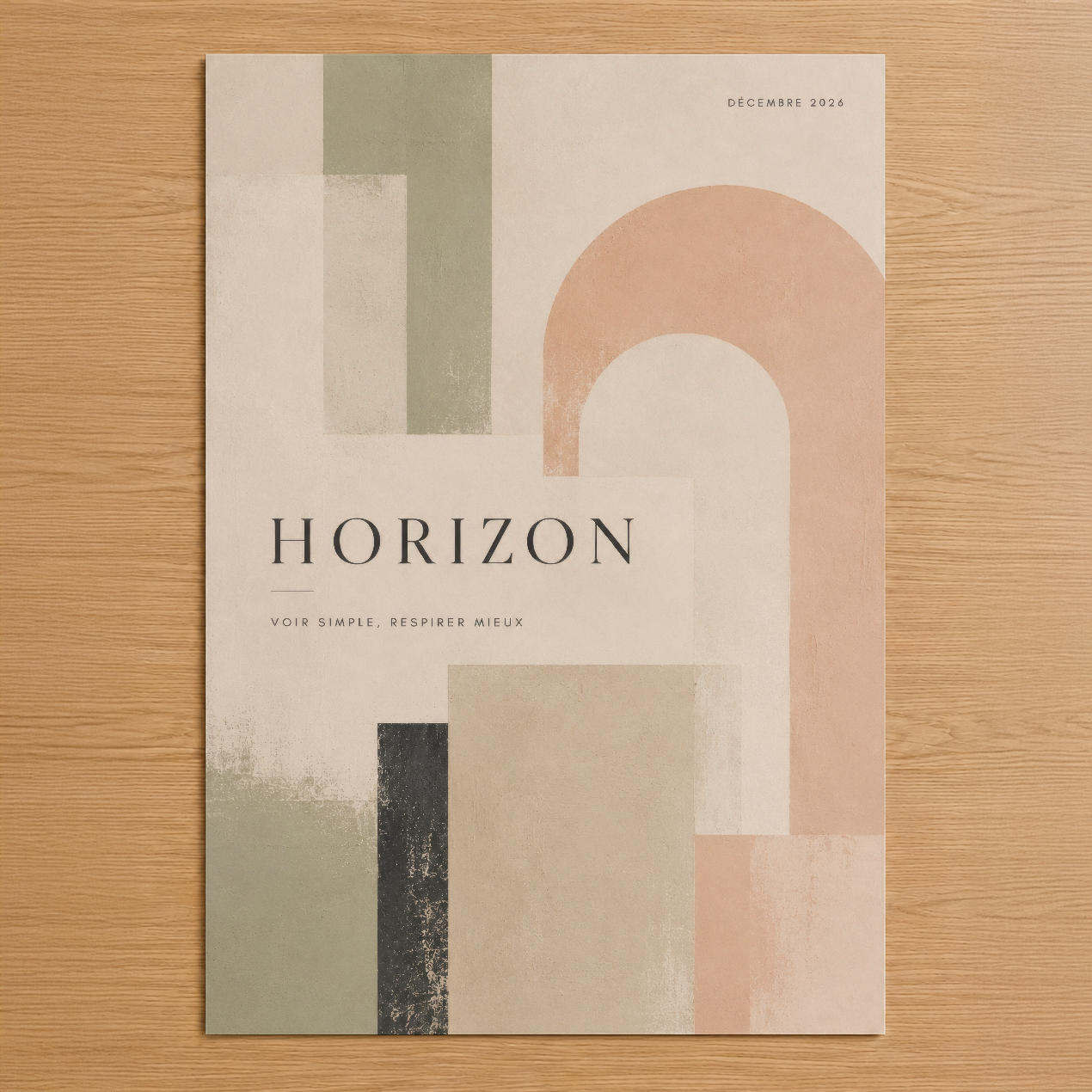 Horizon minimalist tasarım posteri, pastel bej ve pudra renkleriyle geometrik şekiller ve sade tipografi ile modern estetik
