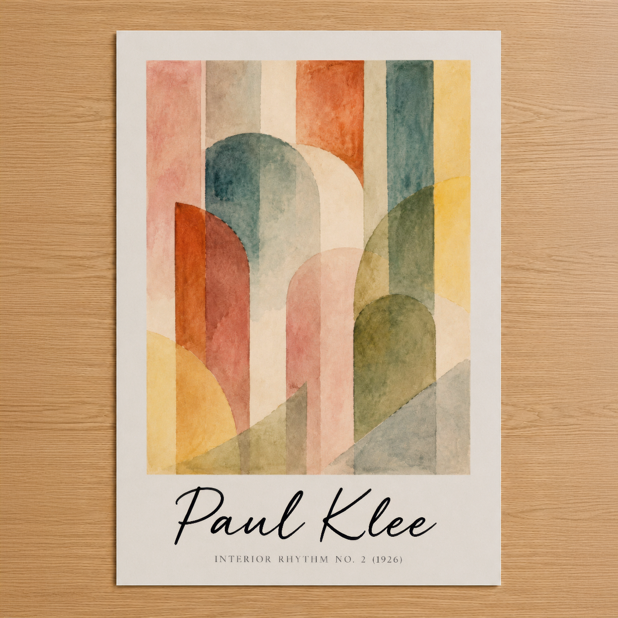 Paul Klee'nin soyut geometrik tarzında, renkli dikdörtgenler ve dairelerle oluşturulan Interior Rhythm No. 2 tablosu.