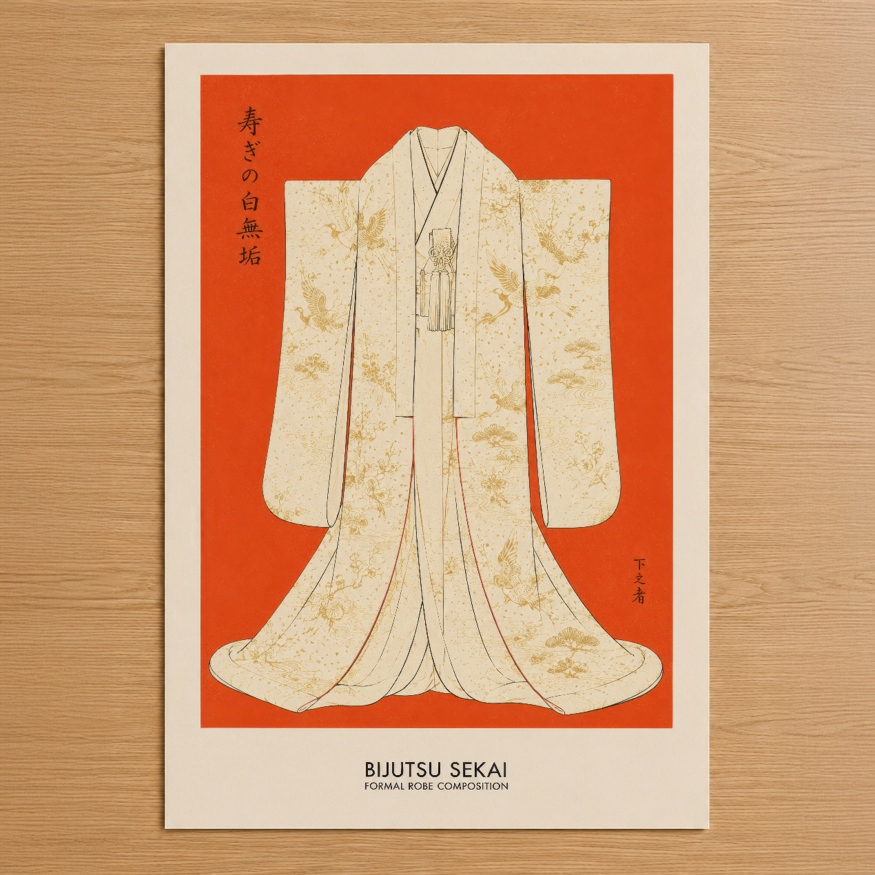 Dijital sanat eseri, stilize Japon kimono tasarımı, beyaz ve altın detaylı elbise, parlak turuncu arka fond, Bijutsu Sekai