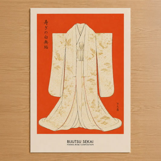 Dijital sanat eseri, stilize Japon kimono tasarımı, beyaz ve altın detaylı elbise, parlak turuncu arka fond, Bijutsu Sekai