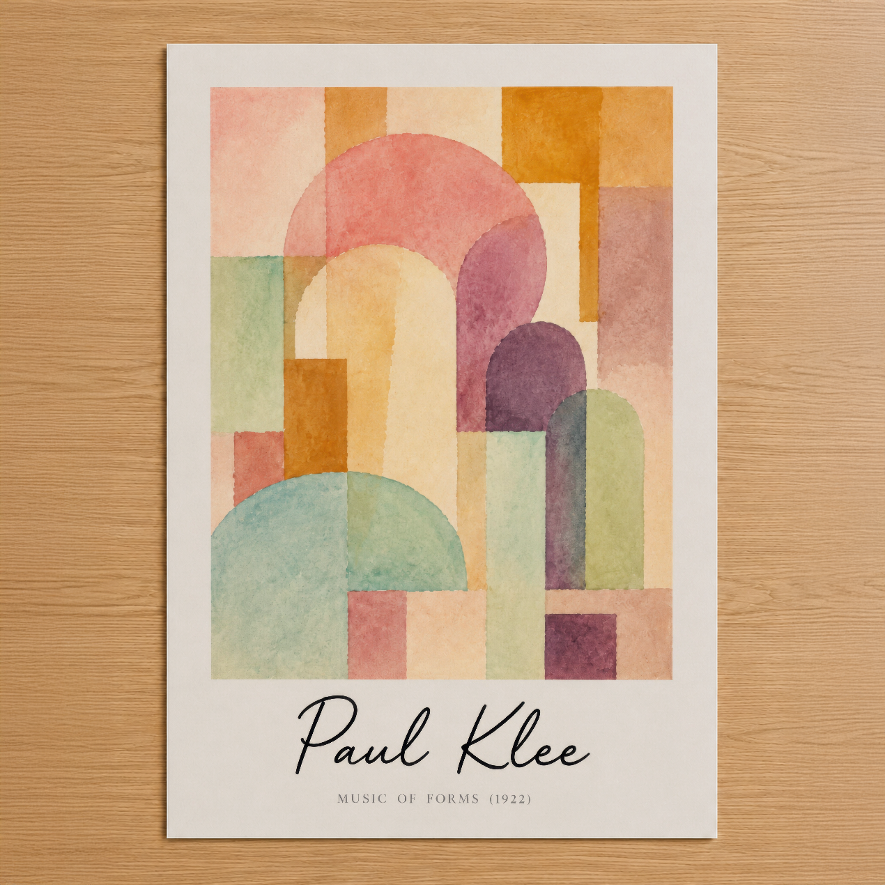 Paul Klee'nin sanat türü eserinden ilham alan, geometrik şekiller ve yumuşak pastel renklerin uyumlu bileşimiyle oluşturulan