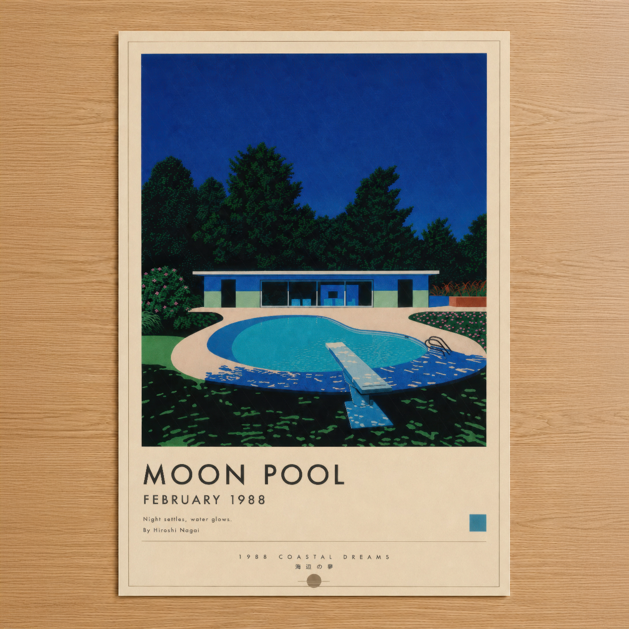 Moon Pool poster, 1988 yılı sanat baskısı, minimalist mavi gökyüzü ve turkuaz havuz tasarımı.