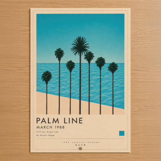 Turkuaz deniz ve kumlu plajın üzerinde sıralanan palmiye ağaçlarını gösteren minimalist tasarım poster.