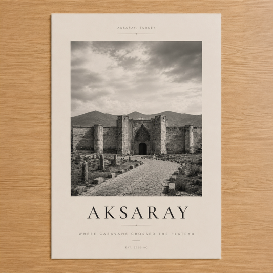 Aksaray'daki tarihi karavansaray tablosu, siyah beyaz fotoğrafik stil, gökyüzü ve dağ manzarası, minimalist tasarım.