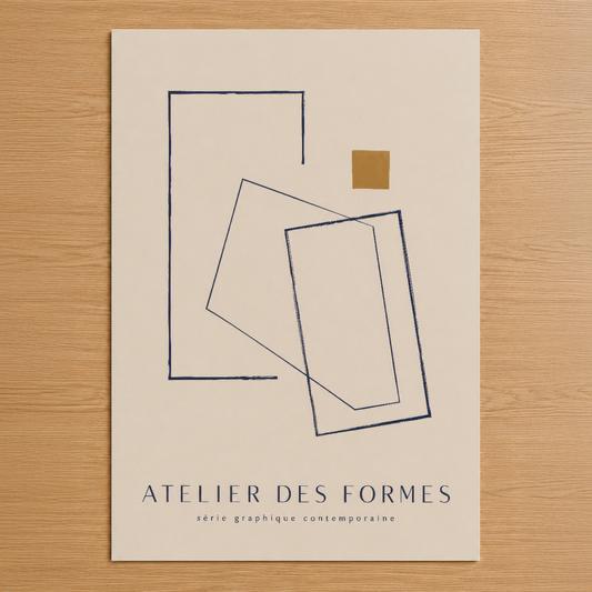 Geometrik şekiller ve altın detaylarıyla çağdaş soyut tasarım, minimalist tarzda sanat poster.