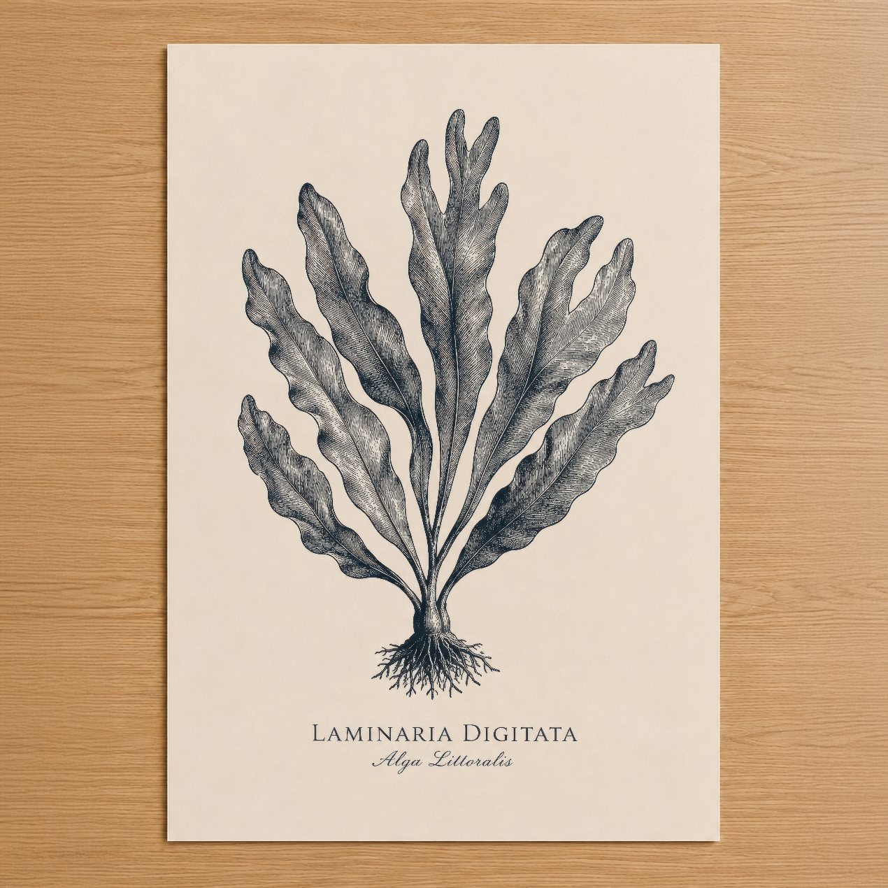 Laminaria Digitata botanik tablosu, siyah mürekkep tekniğiyle çizilmiş deniz yosunu tasarımı, krem rengi arka plan.