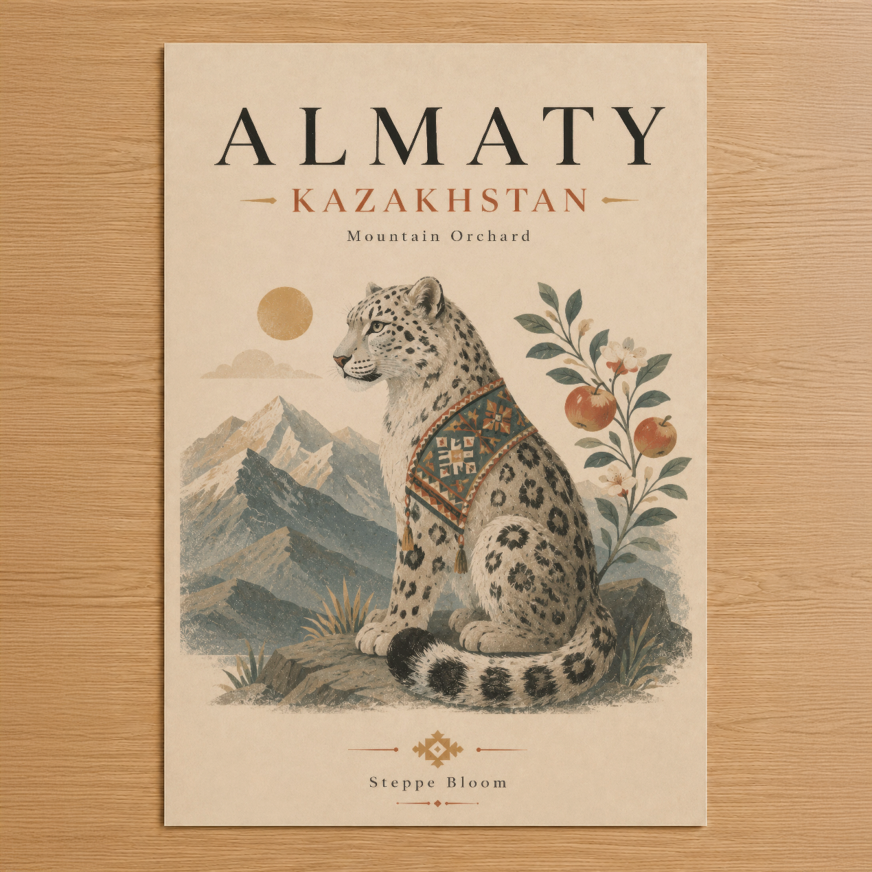 Almaty temalı sanat poster, dağ manzarası ve dekoratif leopar tasarımı ile asya kültürünü yansıtan elegant duvar tablosu.