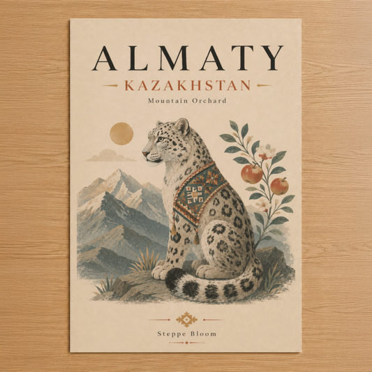 Almaty temalı sanat poster, dağ manzarası ve dekoratif leopar tasarımı ile asya kültürünü yansıtan elegant duvar tablosu.