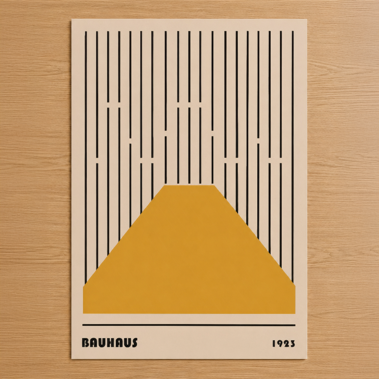 Bauhaus tarzı soyut poster, sarı geometrik dağ formu ve dikey çizgilerle minimalist tasarım.