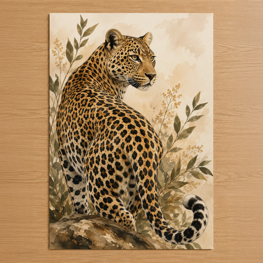 Klasik tarzda leopar portresi, doğal tonlarda, yanında kuru bitkiler ve taş detaylarıyla bohem bir sanat tablosu.