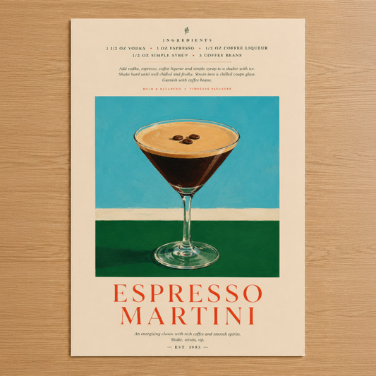 Espresso Martini kokteli tarifli retro poster, vintage stil kokteyl tasarımı, 1983 çizim.