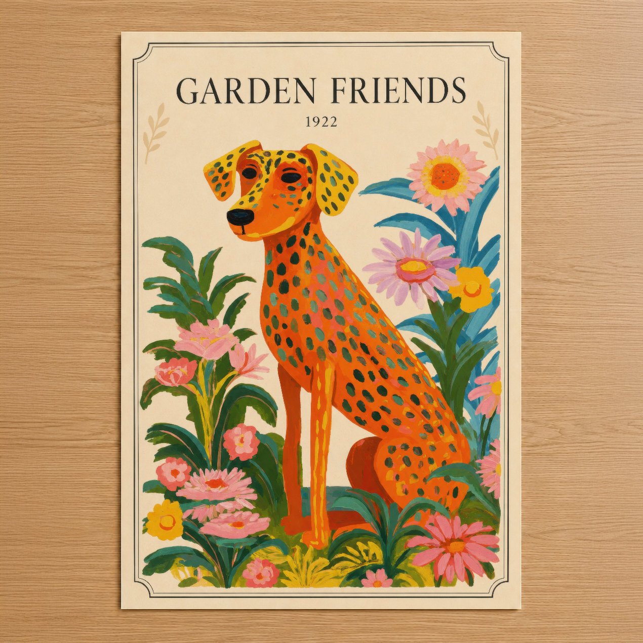 Vintage stilinde Garden Friends posteri, 1922 tasarımı, renkli çiçekler arasında oturan benekli turuncu köpek.