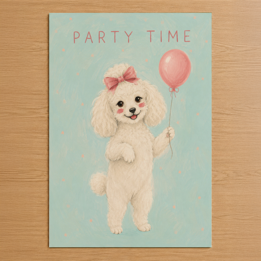 Beyaz pudl köpeğinin pembe balonla ve yaylarla, pastel mavi zemin üzerinde neşeli partisi.