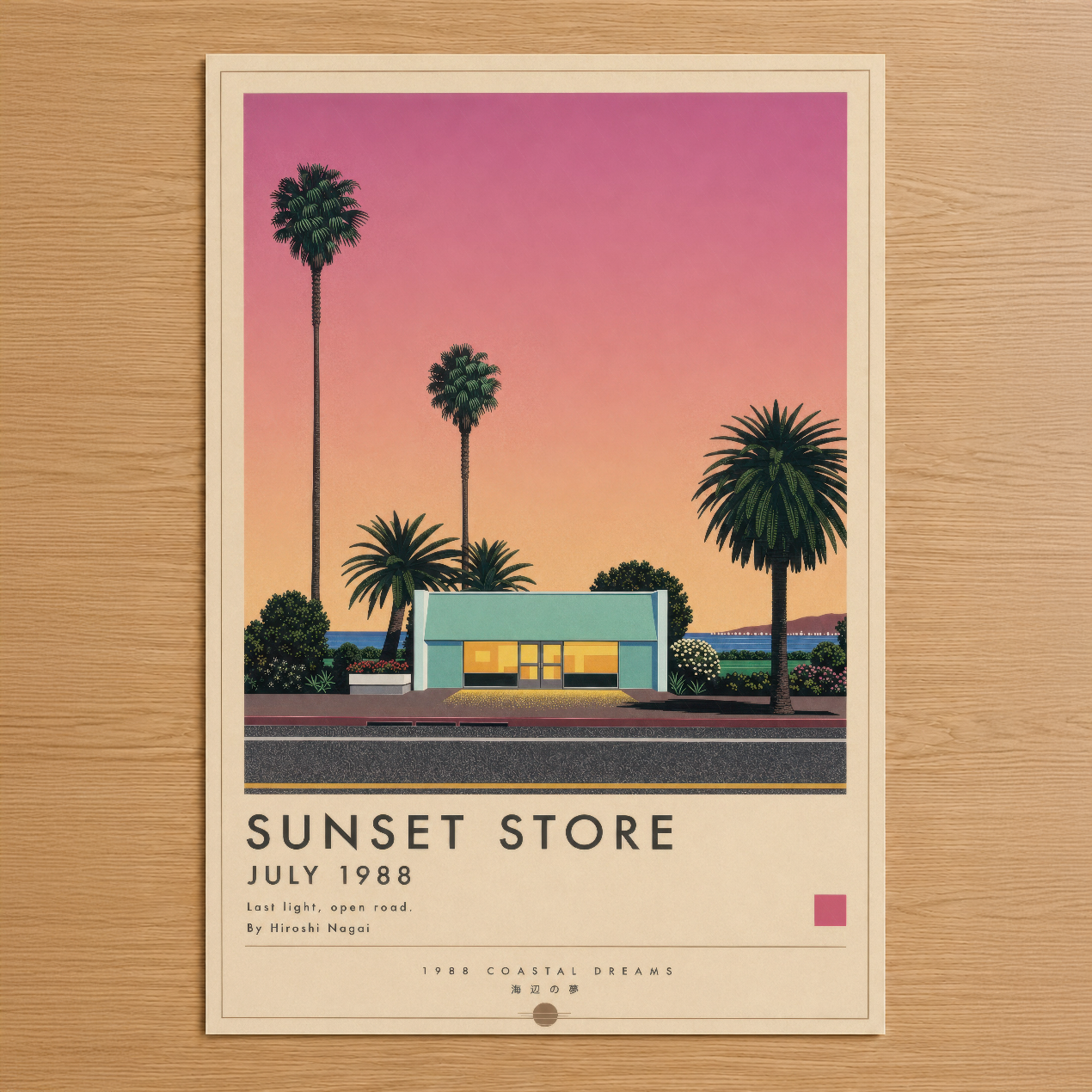 Retro tarzda pembe-turuncu gökyüzü altında palmiye ağaçları ve neon yeşil mağaza binası olan Sunset Store posteri.