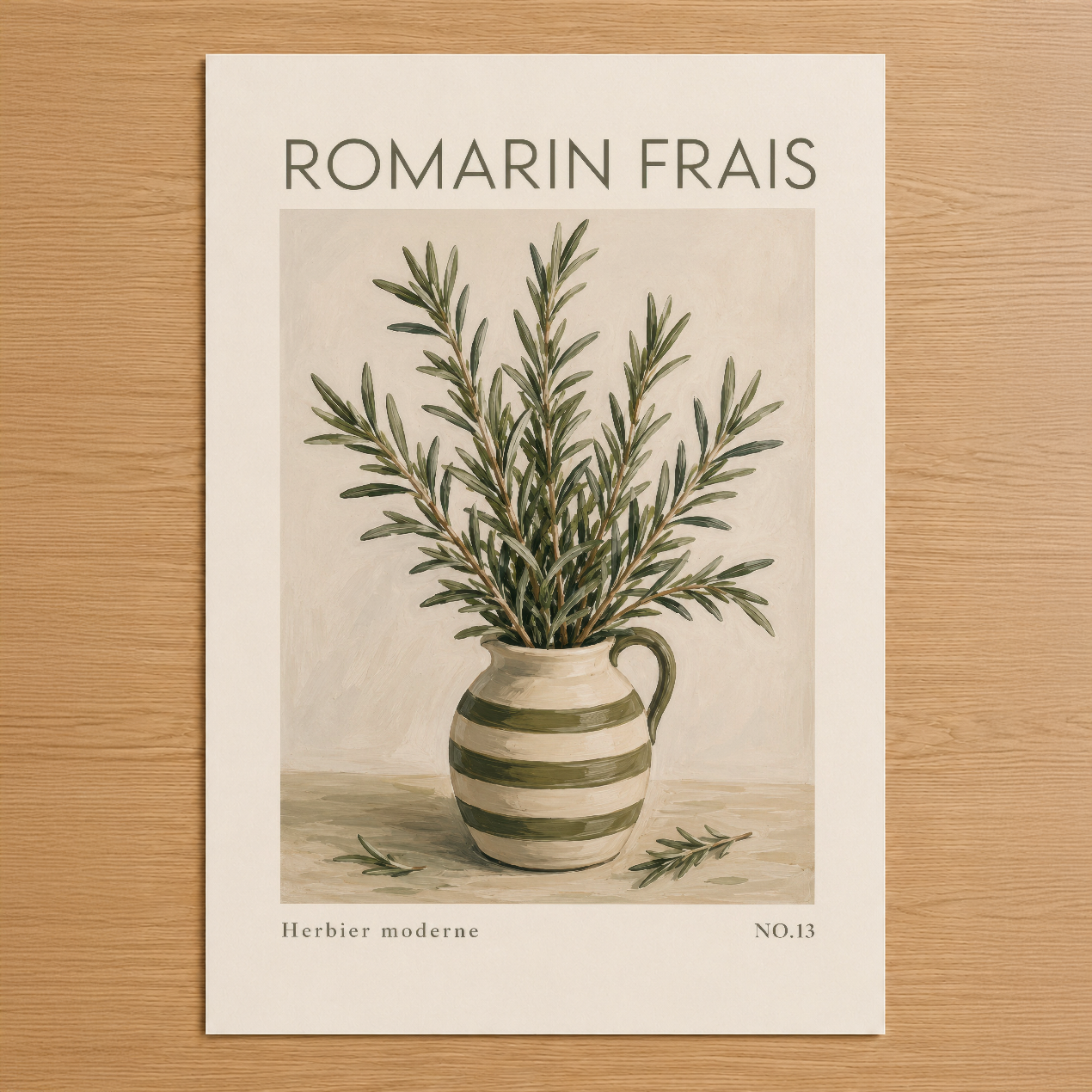 Romarin Frais posteri, yeşil yapraklı bitki motifi ve çizgili beyaz seramik saksı tasarımı