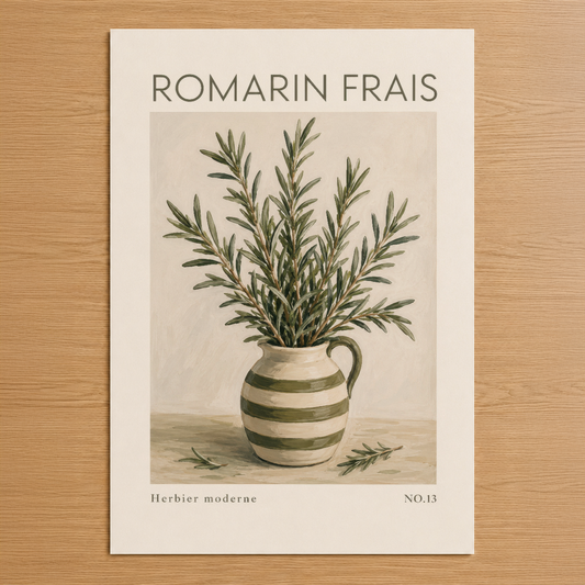 Romarin Frais posteri, yeşil yapraklı bitki motifi ve çizgili beyaz seramik saksı tasarımı