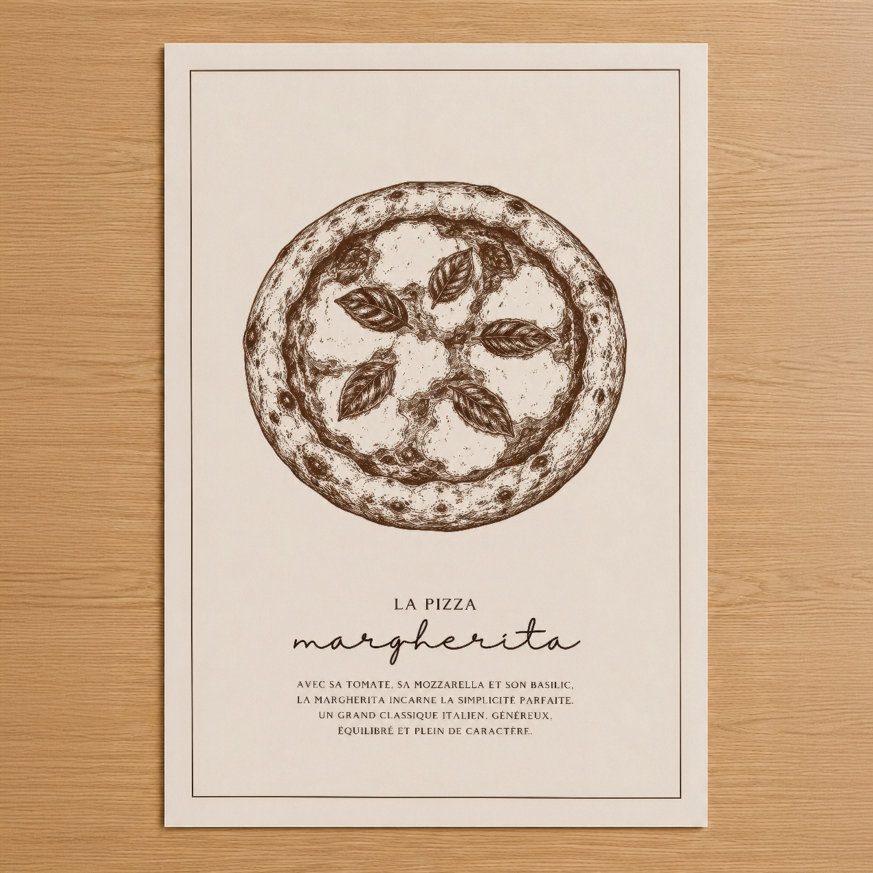 Klasik İtalyan Pizza Margherita tablosu, el çizimi stil ile domates, mozzarella ve fesleğen detaylarıyla zarif tasarım.