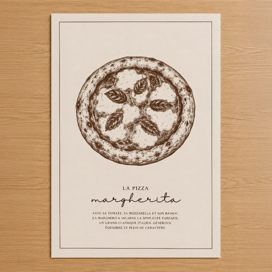 Klasik İtalyan Pizza Margherita tablosu, el çizimi stil ile domates, mozzarella ve fesleğen detaylarıyla zarif tasarım.