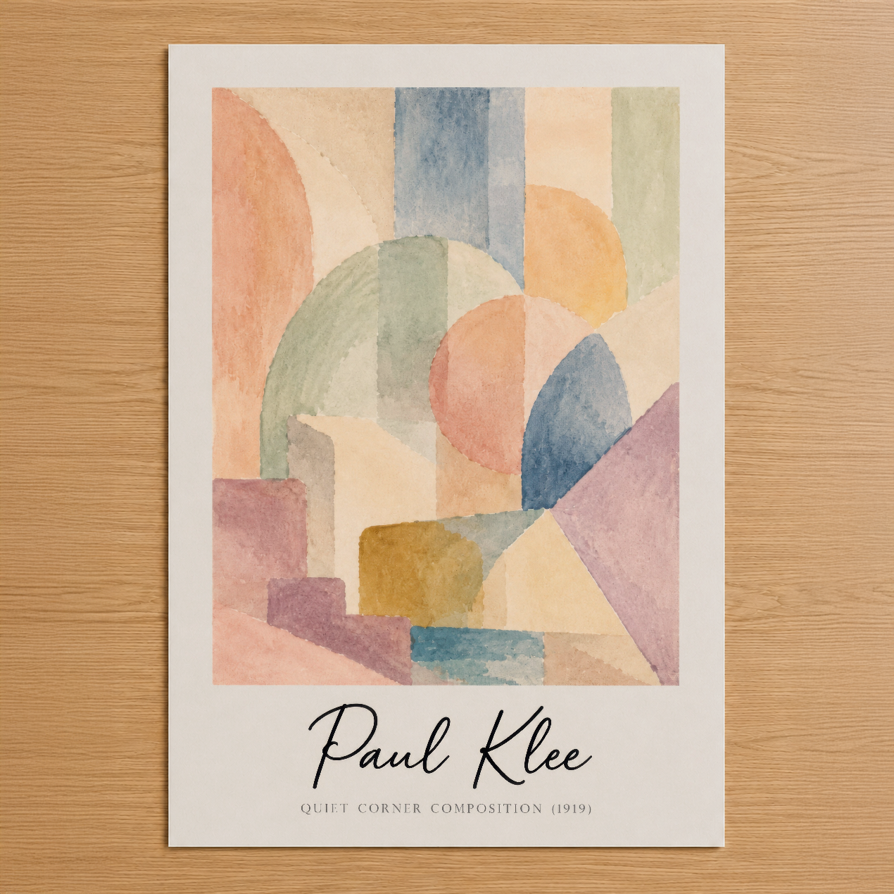 Paul Klee'nin 1919 tarihli Sessiz Köşe Kompozisyonu, pastel tonlarda geometrik şekiller ve organik formlarla sürrealist bir