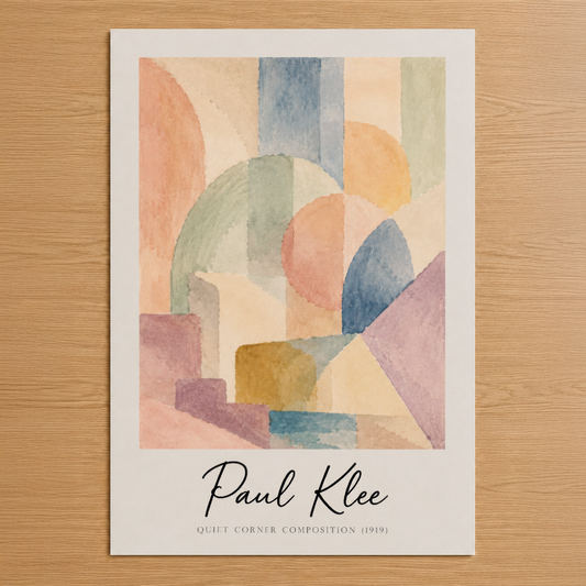 Paul Klee'nin 1919 tarihli Sessiz Köşe Kompozisyonu, pastel tonlarda geometrik şekiller ve organik formlarla sürrealist bir