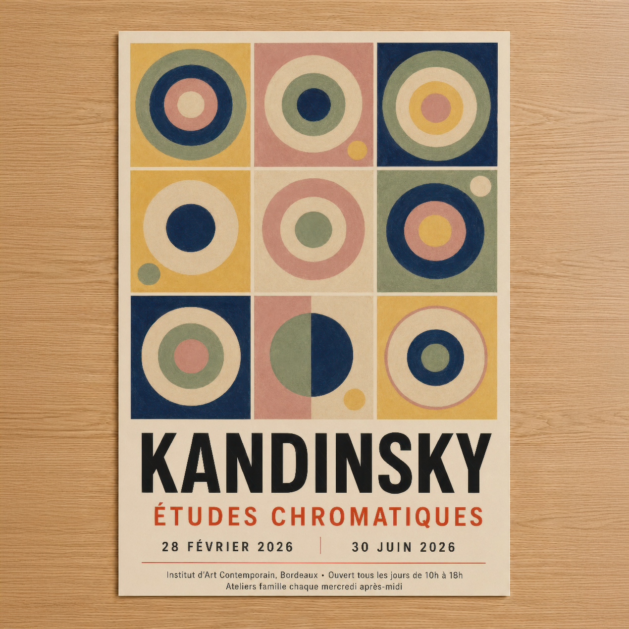 Kandinsky Etudes Chromatiques sergisi afişi, geometrik dairelerle çizgisel renk harmonisinin 9 parçalı soyut kompozisyonu.