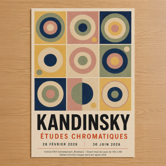 Kandinsky Etudes Chromatiques sergisi afişi, geometrik dairelerle çizgisel renk harmonisinin 9 parçalı soyut kompozisyonu.