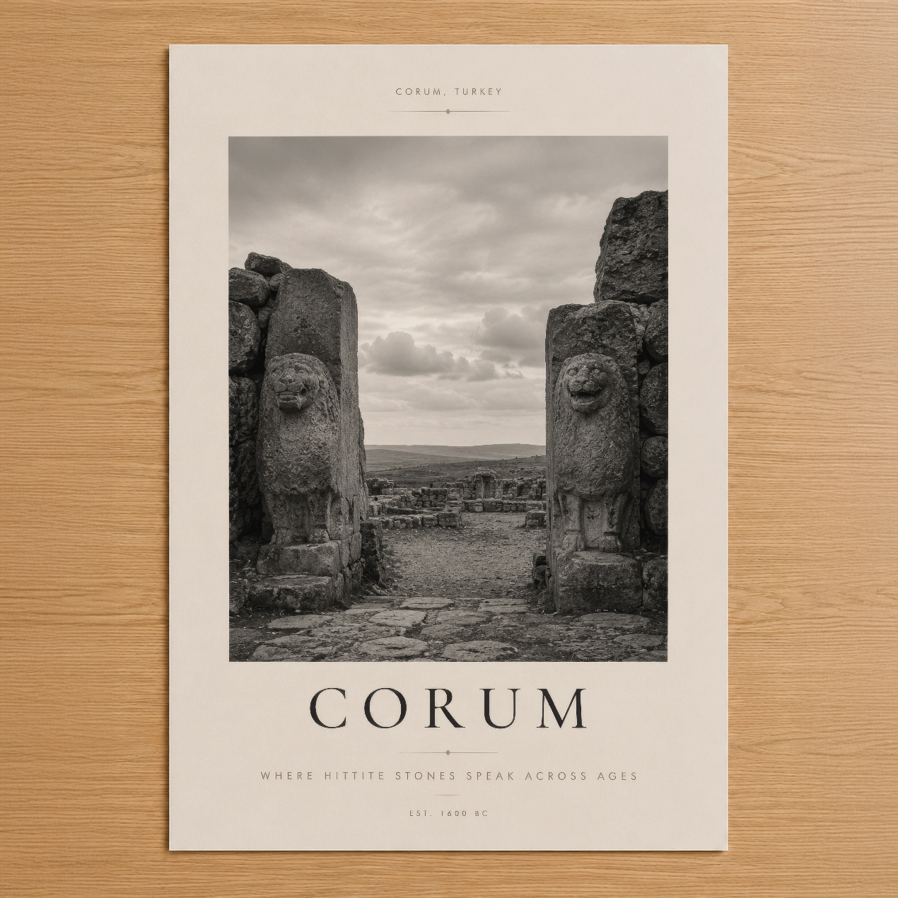 Çorum antik kentin ikonik aslan kapısını siyah beyaz fotoğrafla gösteren minimalist poster tasarımı.