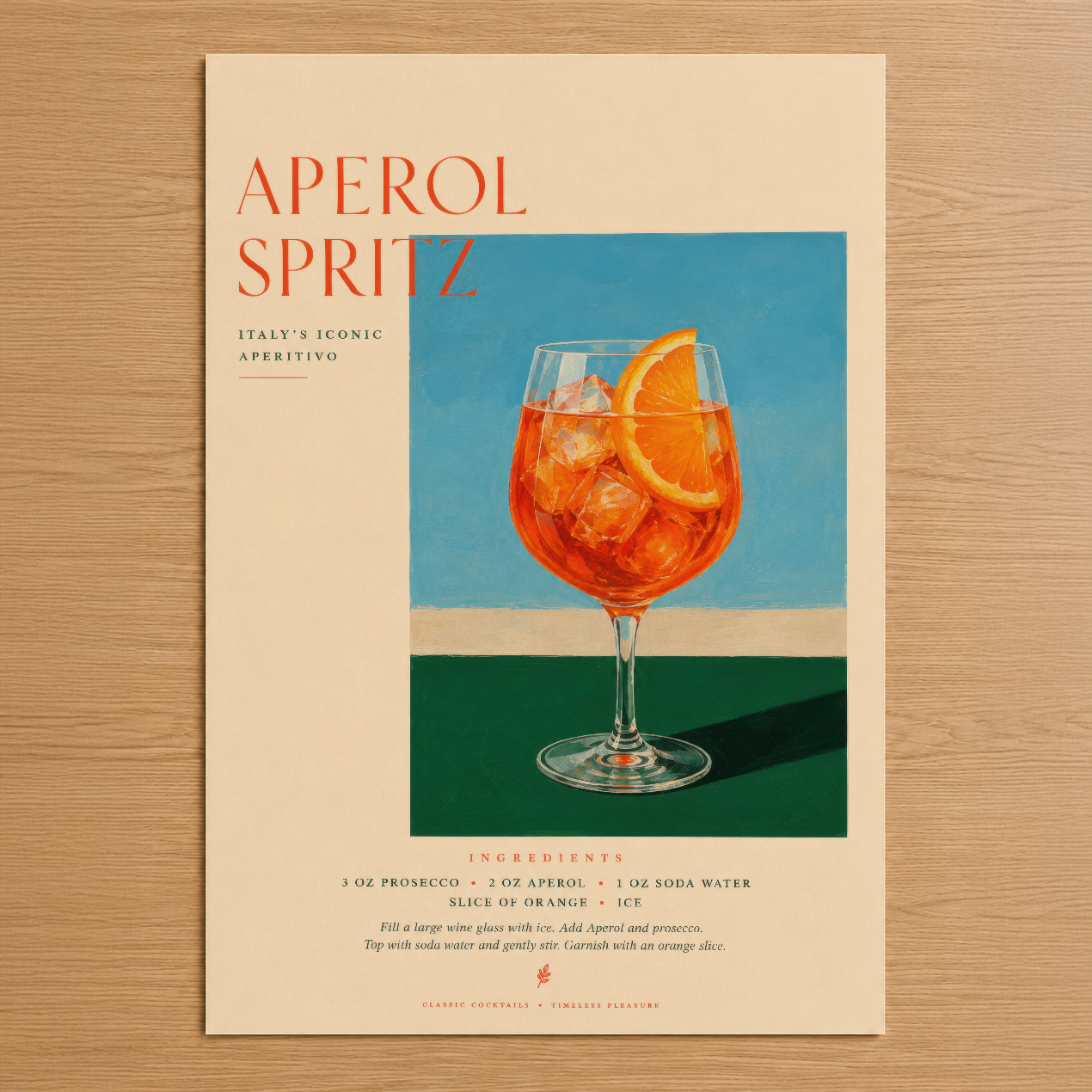 Aperol Spritz posteri, İtalya'nın ikonik aperitifini renkli ve minimalist tasarımla sunan sanat eseri.