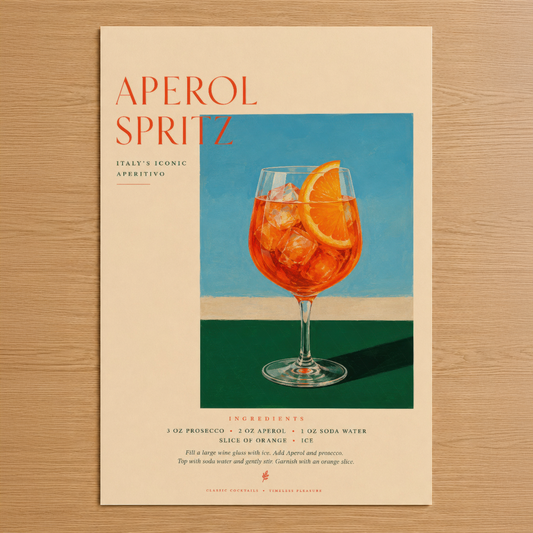 Aperol Spritz posteri, İtalya'nın ikonik aperitifini renkli ve minimalist tasarımla sunan sanat eseri.