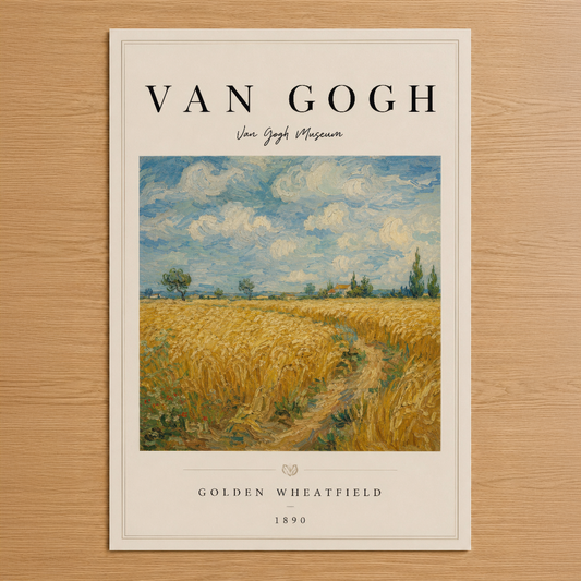 Van Gogh'un Altın Buğday Tarlası eseri, 1890, sakin landşaft ve bulutlu gökyüzüyle serene bir atmosfer yaratır.