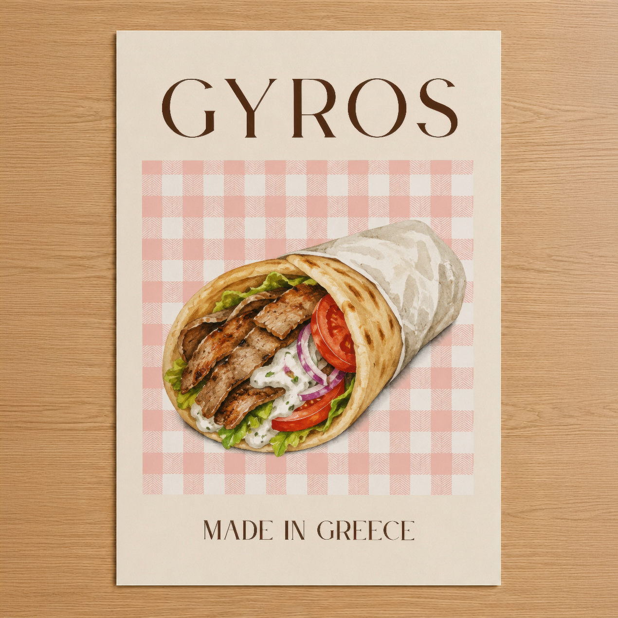 Gyros posteri, pembe kareli arka plan ve şık tipografiyle Yunan mutfağının özünü yansıtan minimalist sanat.