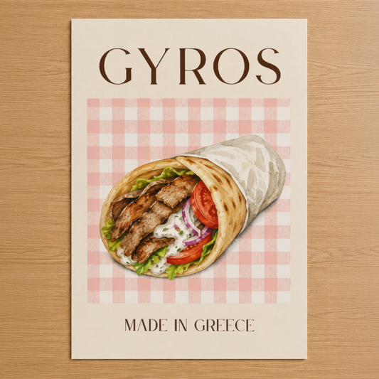 Gyros posteri, pembe kareli arka plan ve şık tipografiyle Yunan mutfağının özünü yansıtan minimalist sanat.