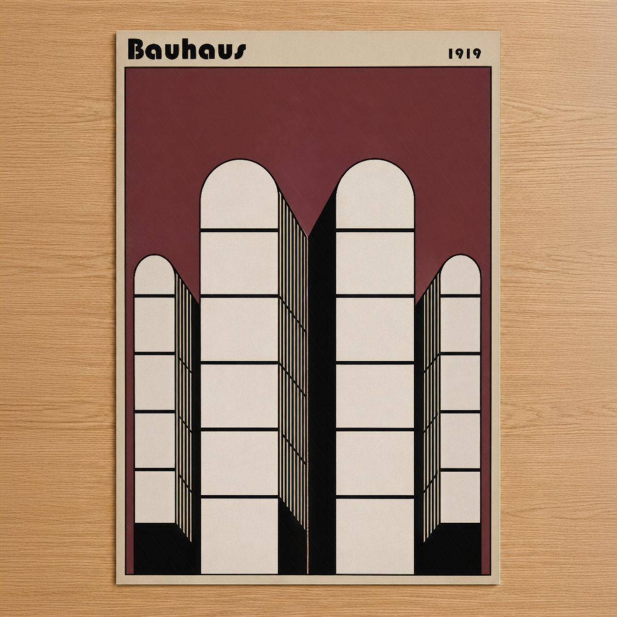 1919 Bauhaus tasarımı, geometrik mimari formlarla simetrik pencereleri ve bordo arka planı gösteren modernist sanat tablosu.