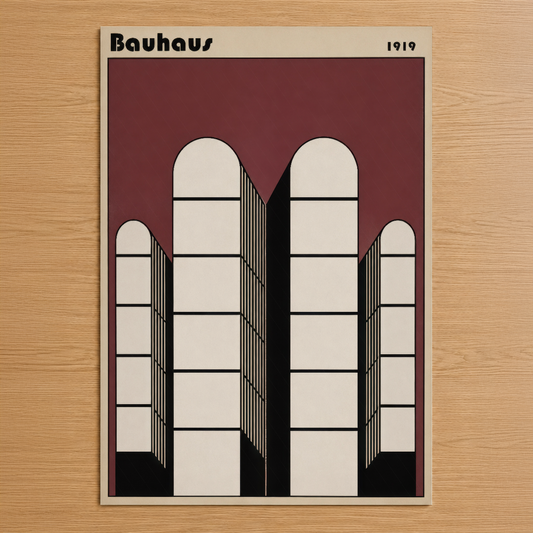 1919 Bauhaus tasarımı, geometrik mimari formlarla simetrik pencereleri ve bordo arka planı gösteren modernist sanat tablosu.