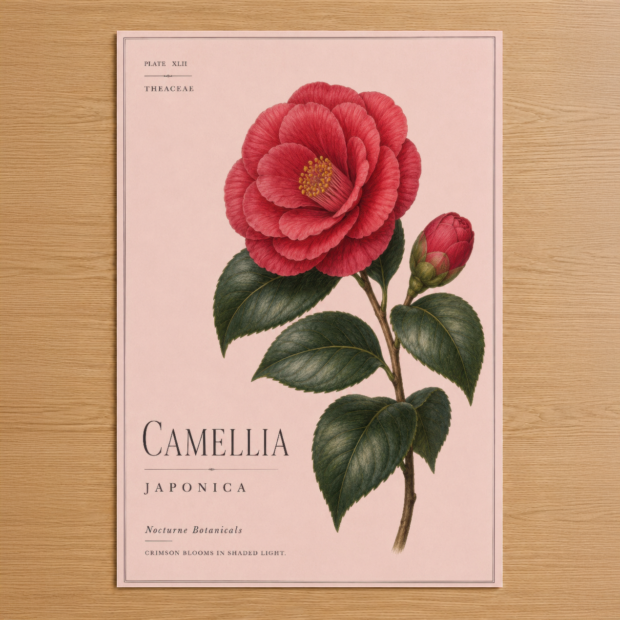 Botanik tarzında kırmızı Camellia Japonica çiçeği, açık pembe zemin üzerinde altın sarısı stamen detaylarıyla.
