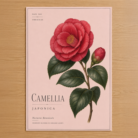 Botanik tarzında kırmızı Camellia Japonica çiçeği, açık pembe zemin üzerinde altın sarısı stamen detaylarıyla.