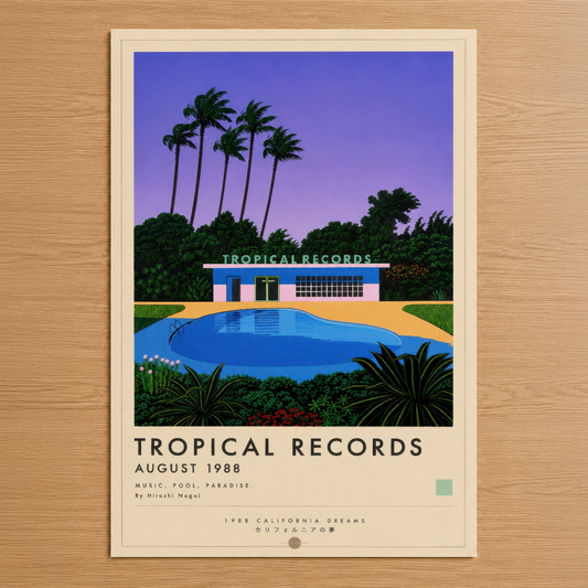 Tropical Records posteri, 1988 Kaliforniya rüyası temasında palmiye ağaçları ve havuz görüntüsü içeren retro sanat tablosu.