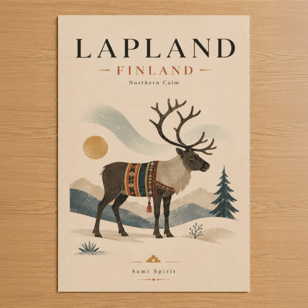 Lapland Finland tablosu, etnik desenli giysi giymiş siyah geyiği ve kuzey ışıkları atmosferini sakin bir tasarımla sunuyor.