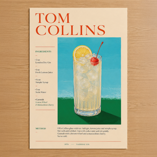 Tom Collins kokteyl tarifi, renkli illüstrasyonlu retro stil poster, vintage kütüphane duvar dekorasyonu.