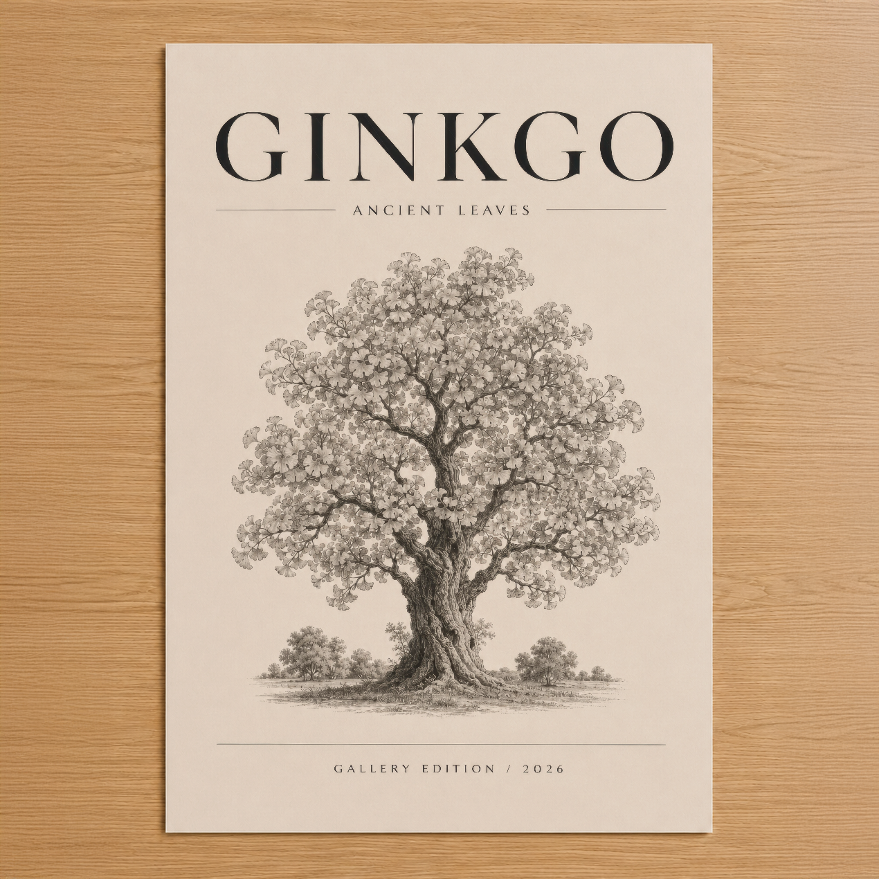 Ginkgo Ancient Leaves tasarımlı sanat baskısı, krem fonda detaylı ağaç gravürü ve serif tipografi ile galeri edisyonu.